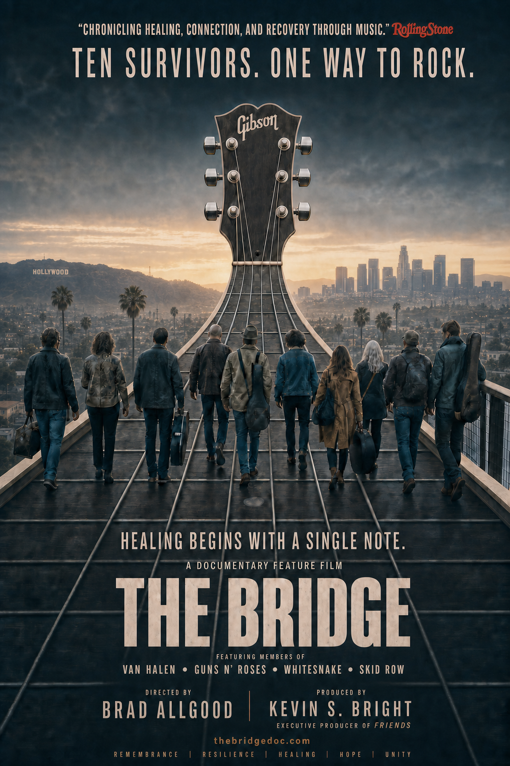 Vertical one-sheet poster for The Bridge, with the tagline Ten Survivors. One Way to Rock.
